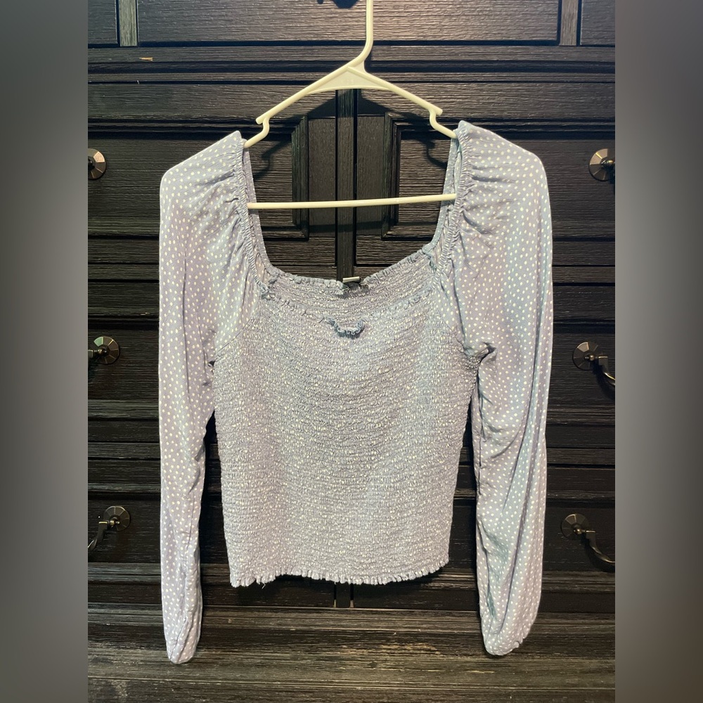 American Eagle Light Blue Polka Dot Blouse